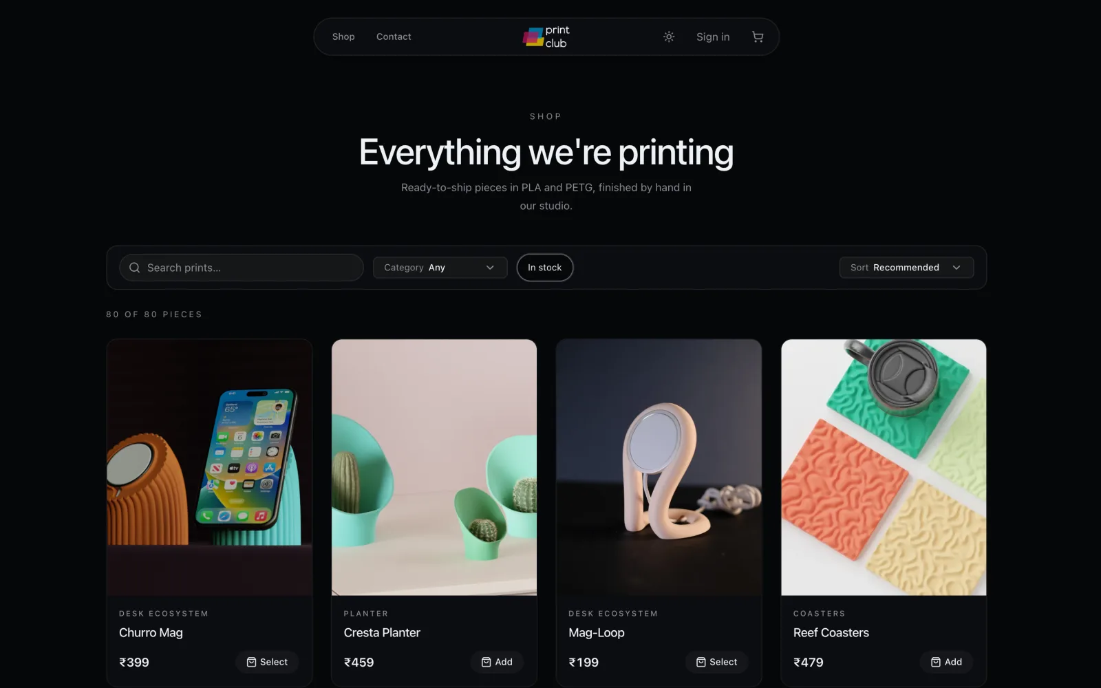 Print Club shop page showing 80 products in a grid with search, category filter, in-stock toggle and sort controls.