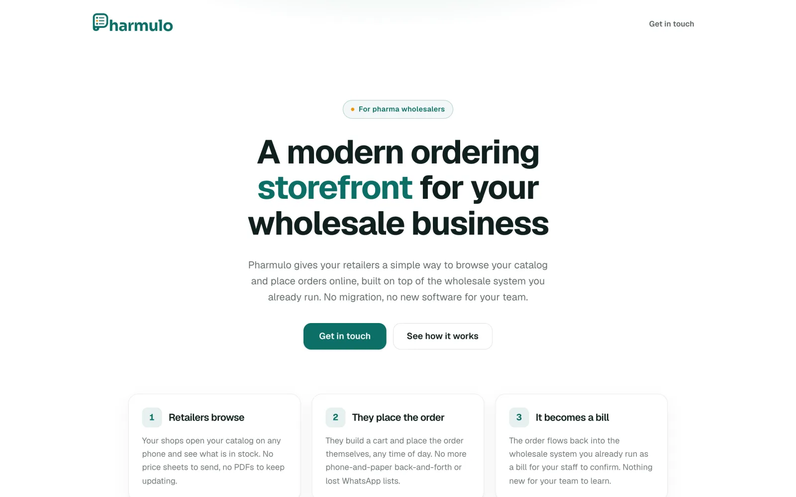 Pharmulo landing page explaining the three-step flow: retailers browse, they place the order, it becomes a bill.